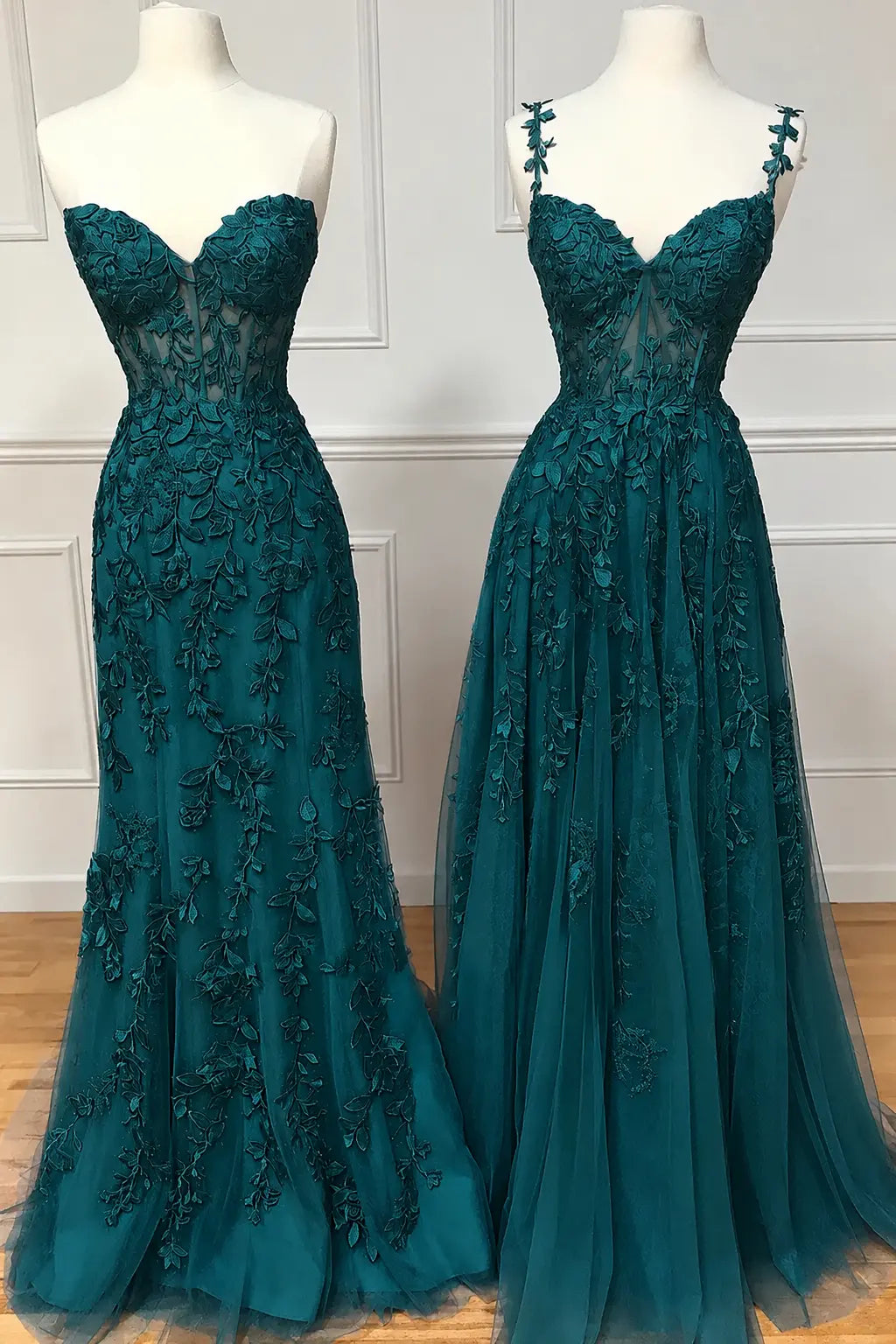 A-line Sweetheart Spaghetti Straps Sweep Train Lace Prom Dress With Beading Kaidress