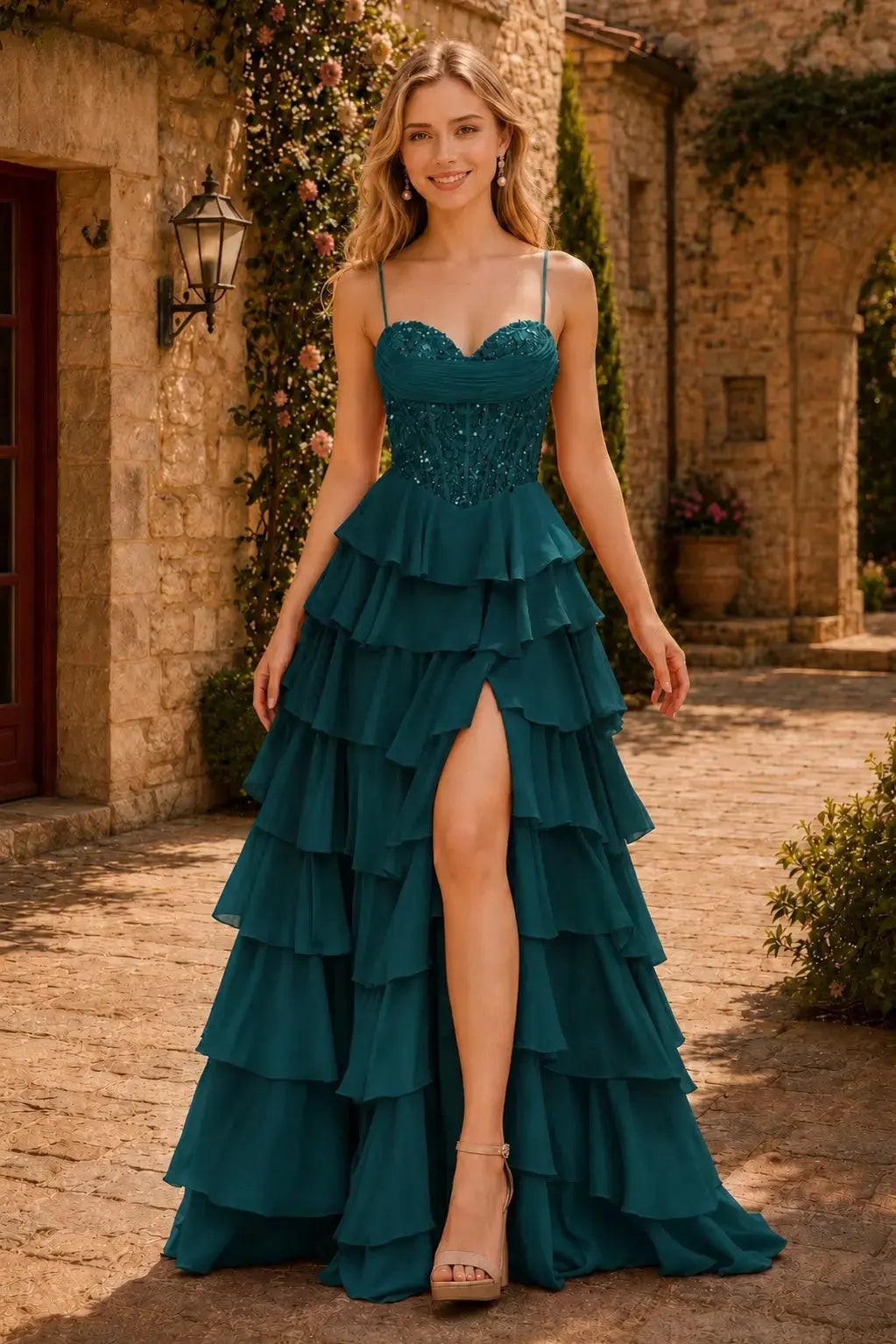 Spaghetti Straps Sweetheart Embellished Corset Chiffon Slit Ruffle Prom Dress with Detachable Straps