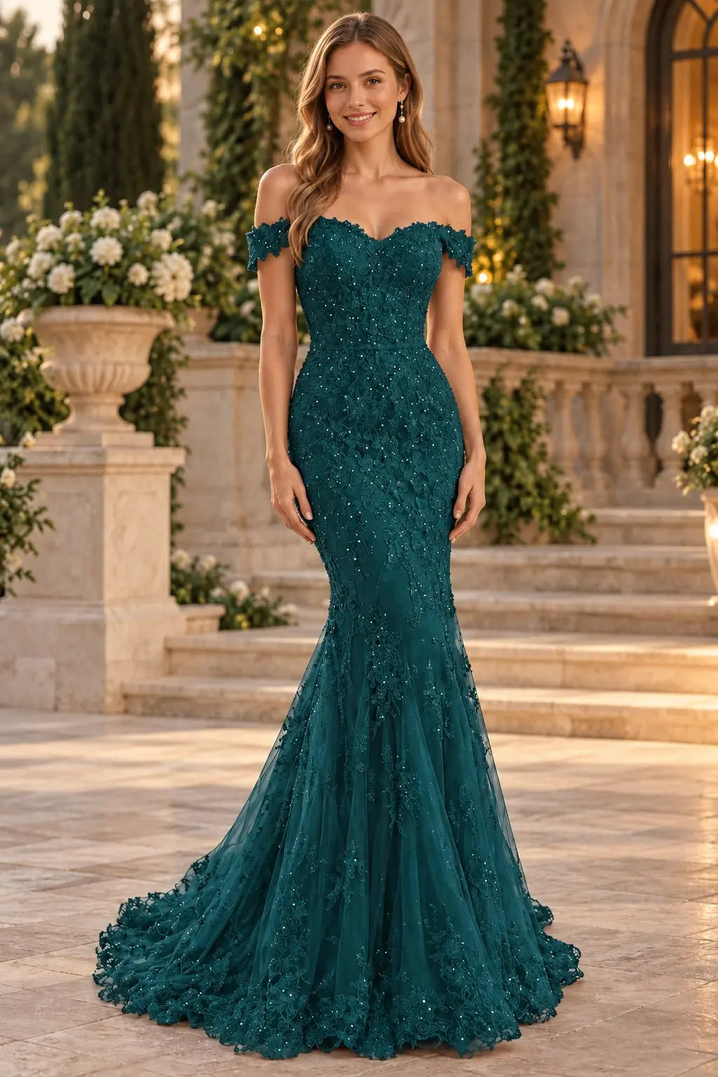 Lace Long/Floor-Length Trumpet/Mermaid Sleeveless Off-The-Shoulder Zipper Prom Dresses With Appliqued Beaded