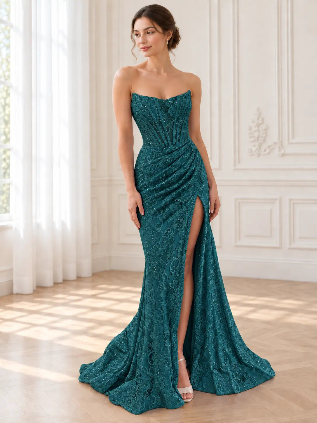 Sheath/Column Off the Shoulder Sleeveless Prom Dresses Long Lace Formal Evening Gowns