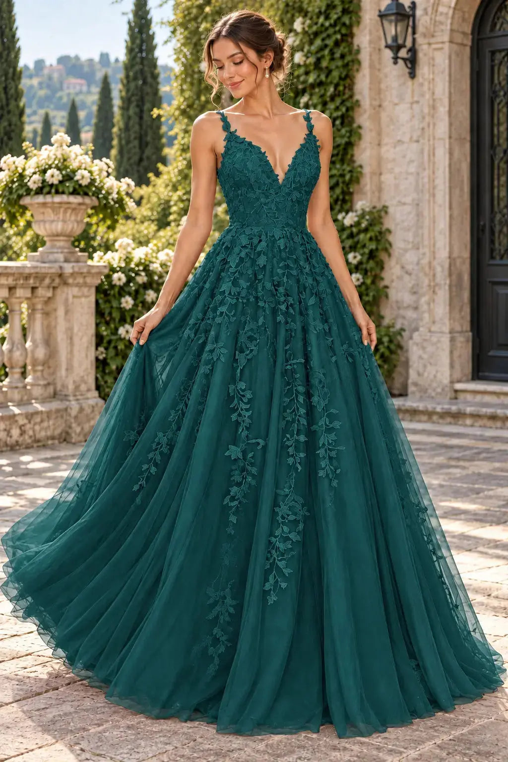 A-Line Lace Prom Dresses Long V Neck Sleeveless Formal Maxi Dress KAIDRESS