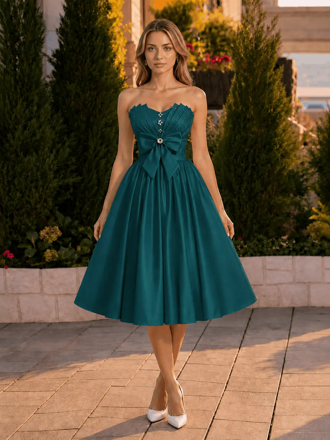 A-line Sweetheart Sleeveless Knee-Length Satin Homecoming Dress with Bow KAIDRESS