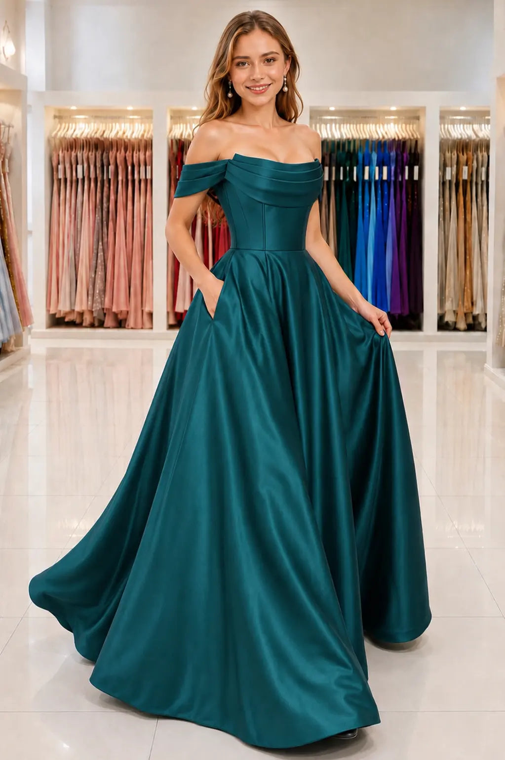 A-Line Satin Long Prom Dress, Simple Off the Shoulder Evening Party Dress With Pockets KAIDRESS