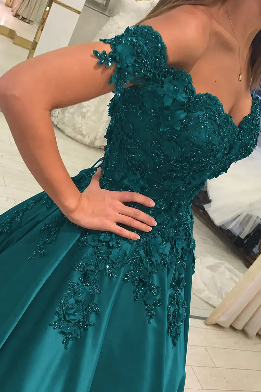 Appliqued Off-The-Shoulder Satin Princess Prom Dress With Beads