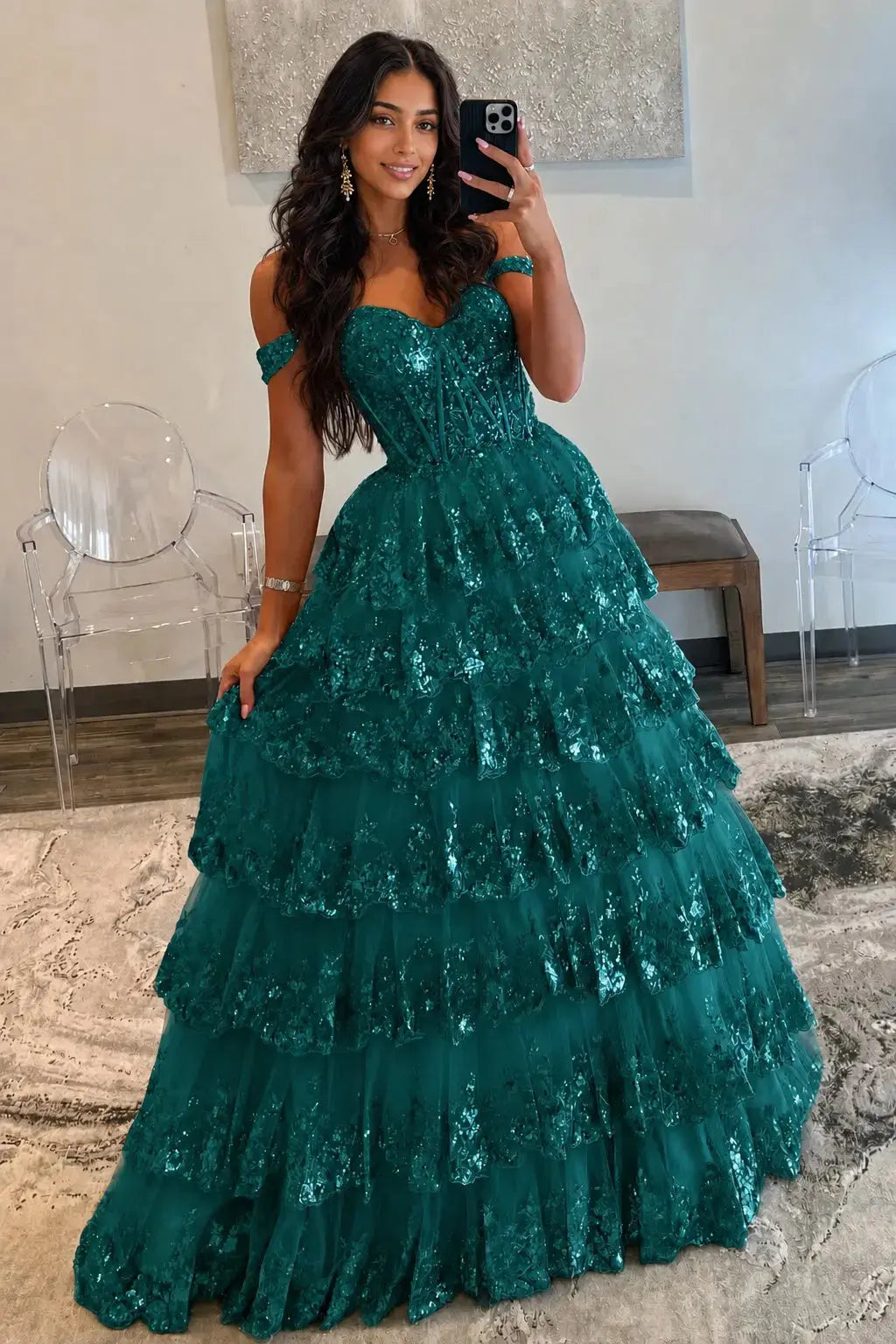 A-Line/Princess Princess Off the Shoulder Sequined Lace Prom Dress KAIDRESS