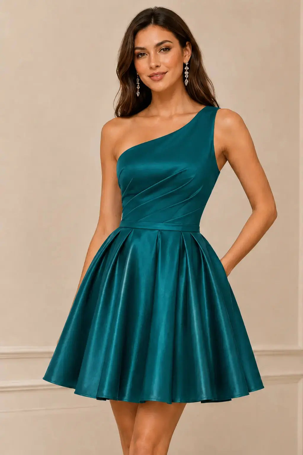 Green One Shoulder Satin Mini A Line Homecoming Dress With Pockets KAIDRESS