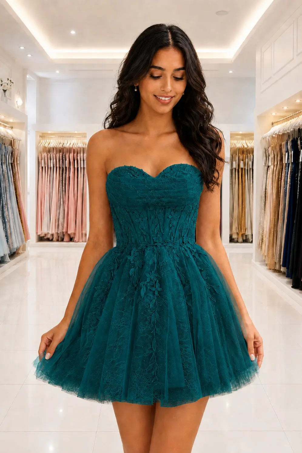Strapless Beaded Lace Corset A-Line Mini Homecoming Dress KAIDRESS