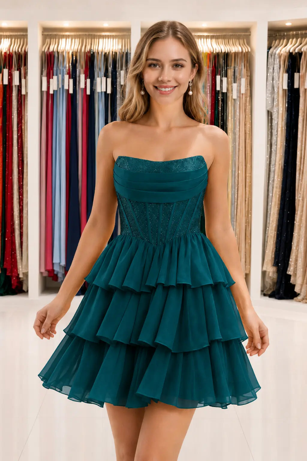 Daffodil Strapless Corset Tiered Ruffle Mini Homecoming Dress With Beading KAIDRESS