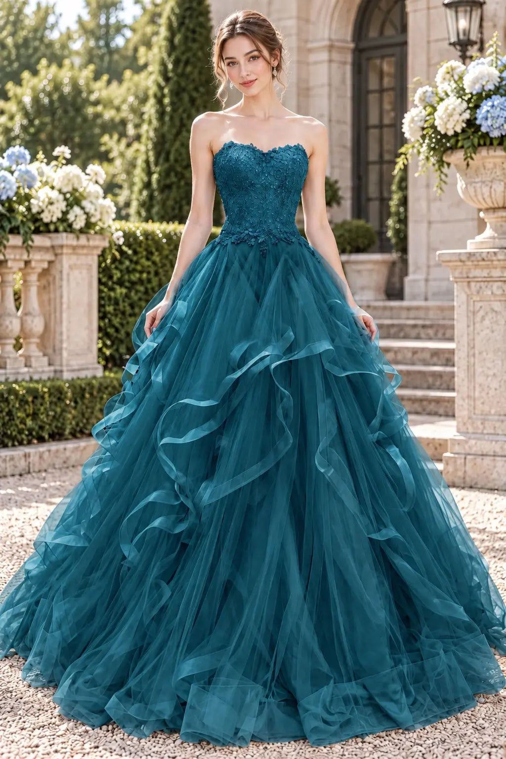 Blue Tulle Lace Long Prom Dresses Princess Layered Formal Evening Gowns
