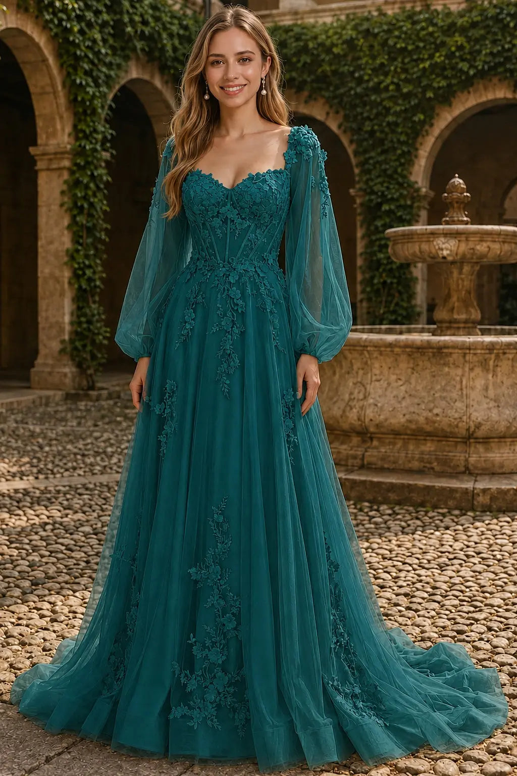 A-line 3D Floral Lace Applique Tulle Long Sleeves Prom Dress