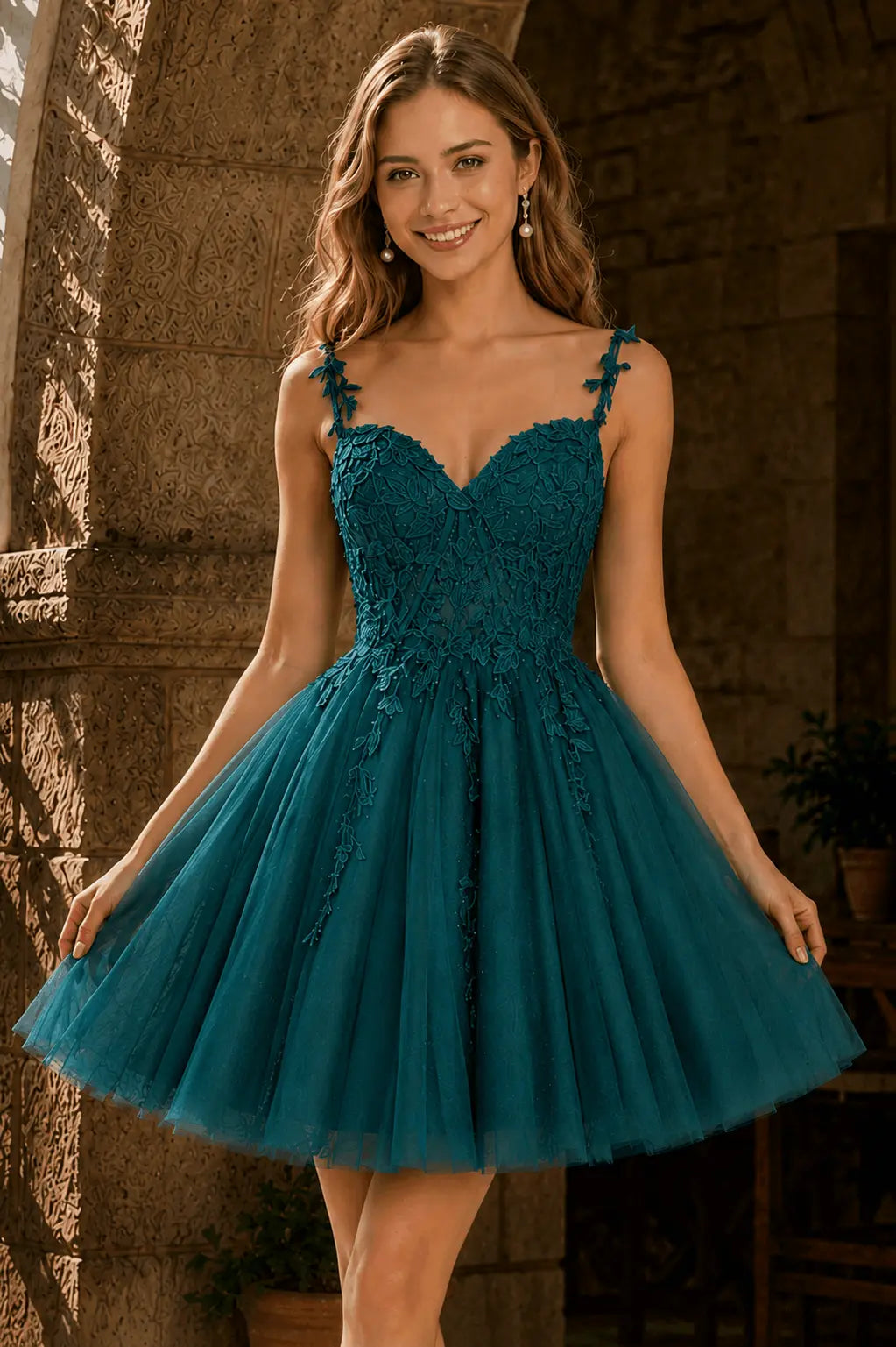 A-line V Neck Short/Mini Tulle Lace Homecoming Dress