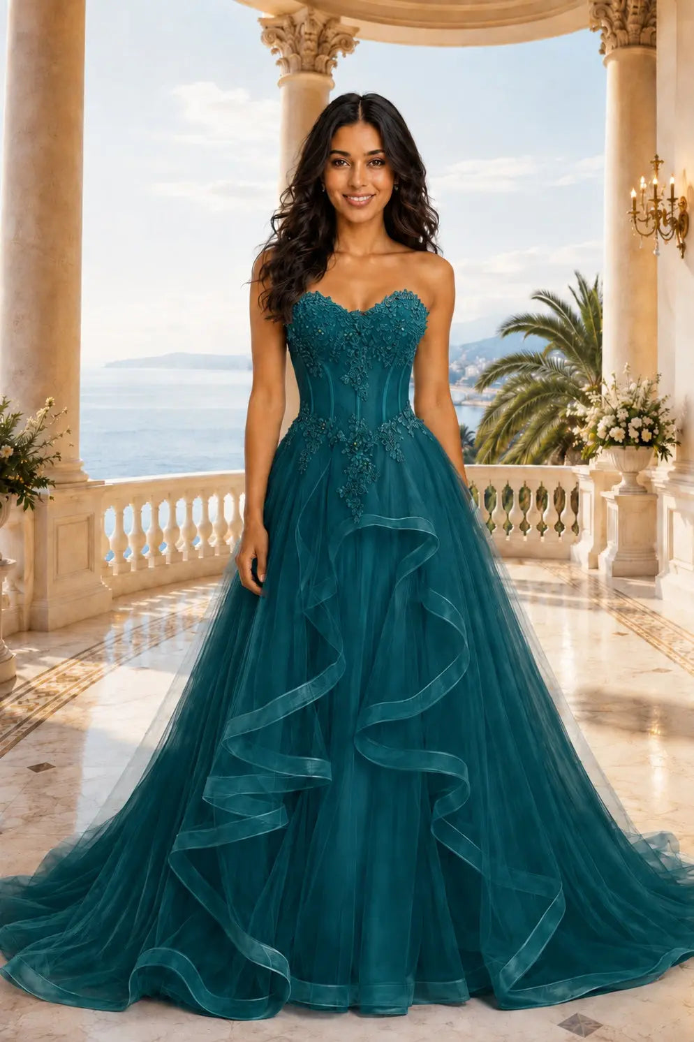 A-line/Princess Sweetheart Sleeveless Sweep Train Tulle Prom Dresses With Beading Appliqued KAIDRESS