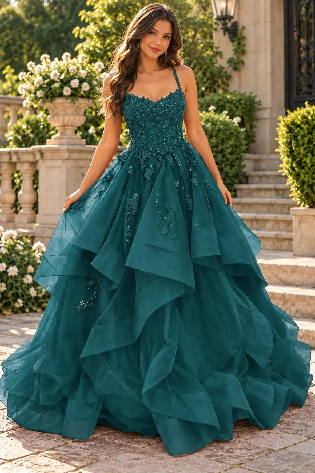 A-line Princess V Neck Floor-Length Tulle Prom Dresses with Appliqued