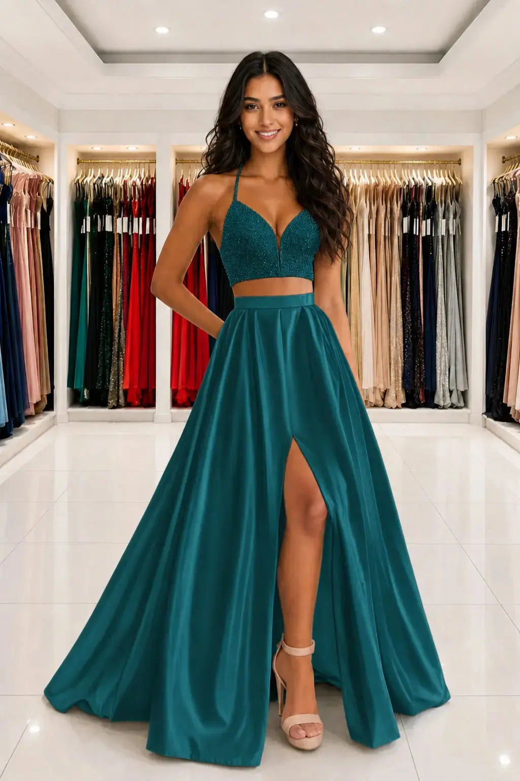 Satin Two Piece Long Modest White Prom Dress Split Formal Evening Gowns Kaidress