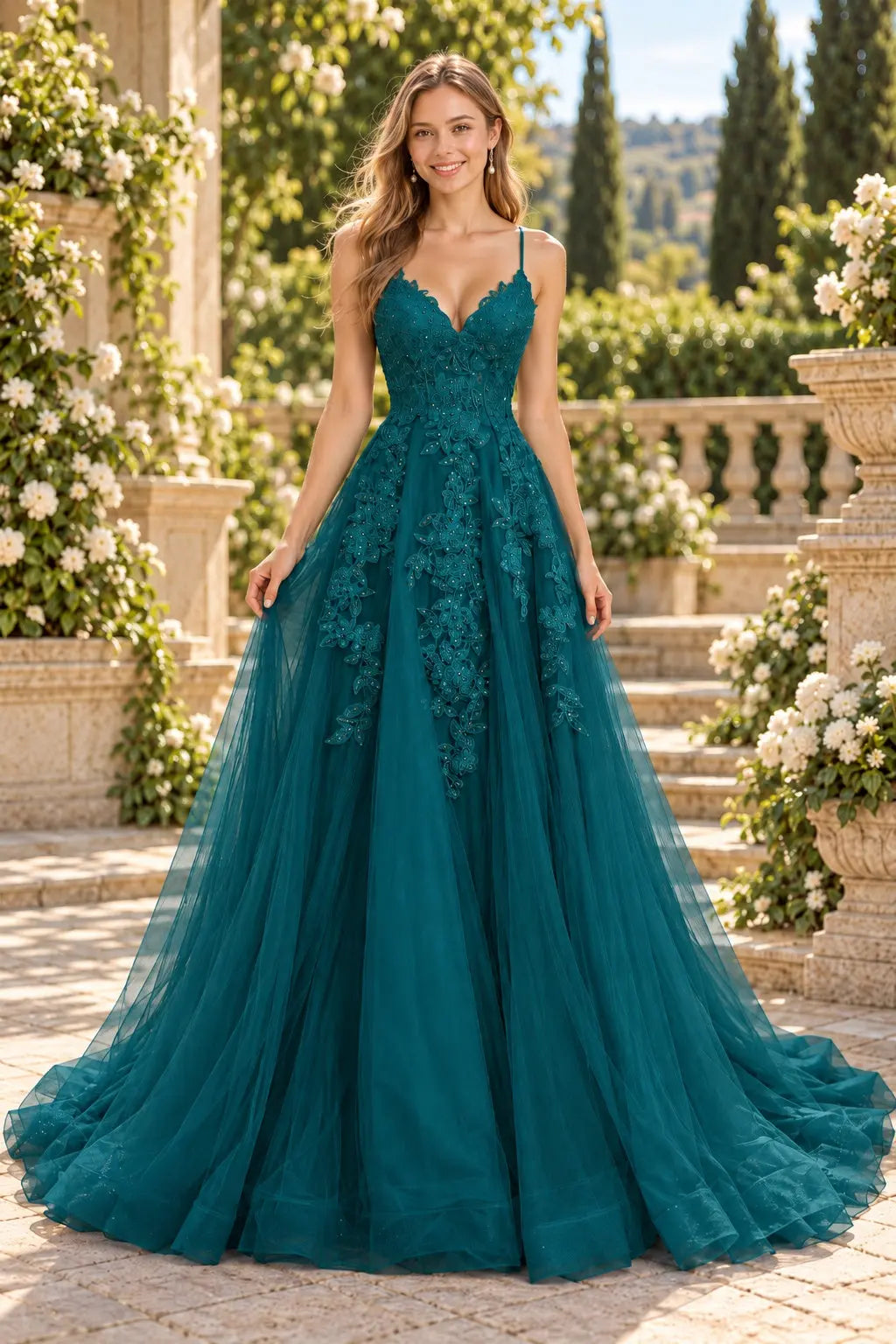 A-line V Neck Spaghetti Straps Sweep Train Tulle Prom Dress With Appliqued