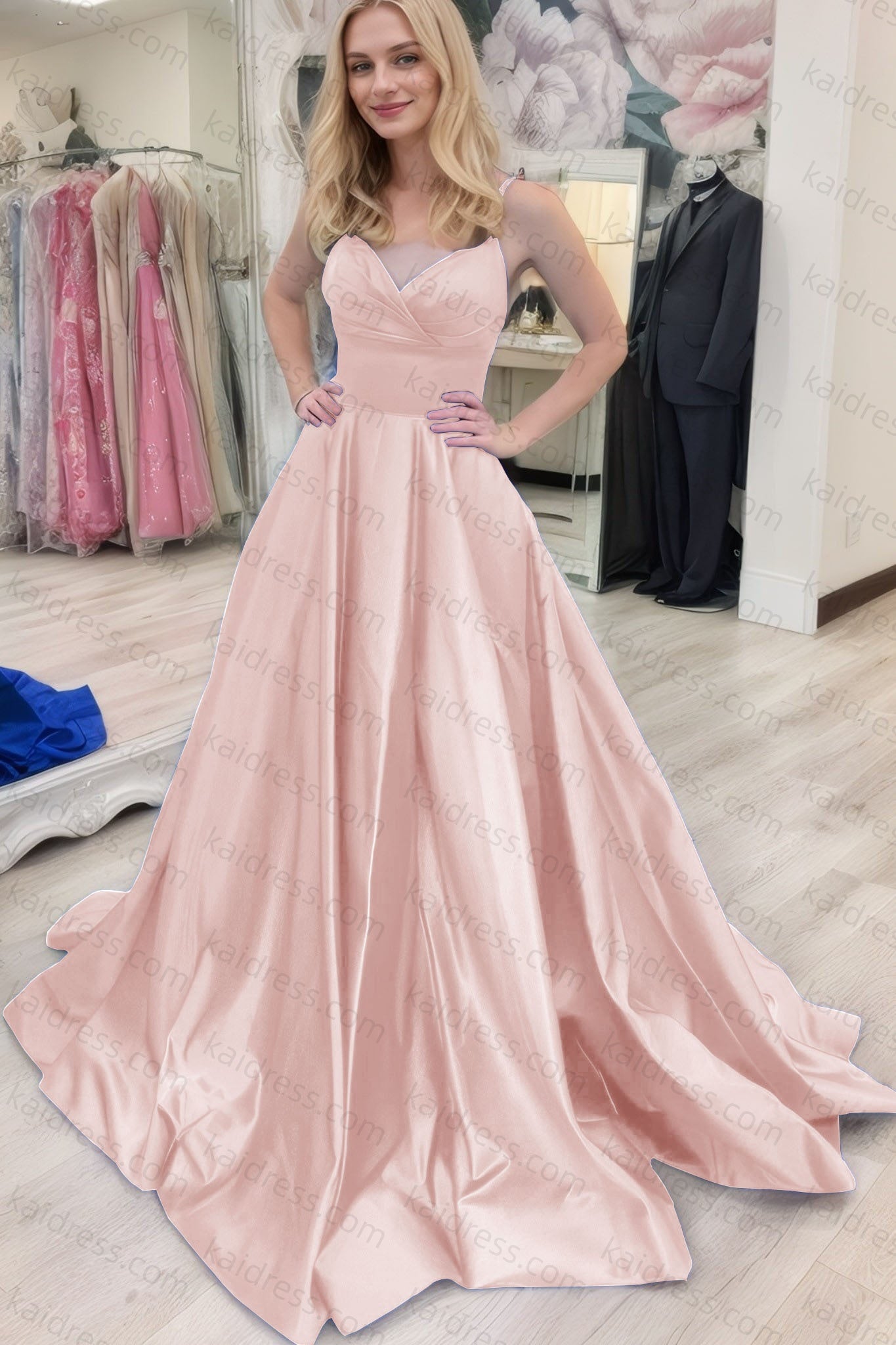 A-line V Neck Sleeveless Court Train Satin Prom Dresses With Bowknot Pleated Waistband