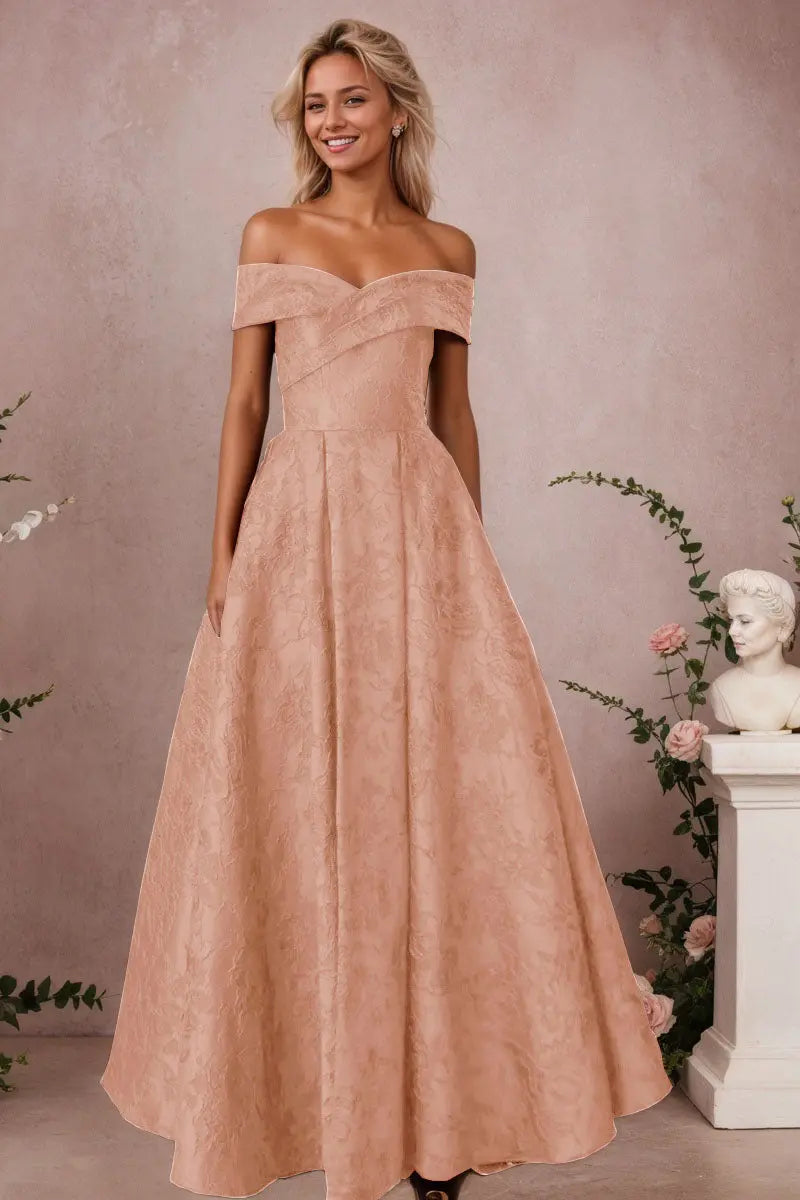 A-Line Off Shoulder Satin Burgundy Long Prom Dress Floral Jacquard Formal Ball Gowns - KAIDRESS
