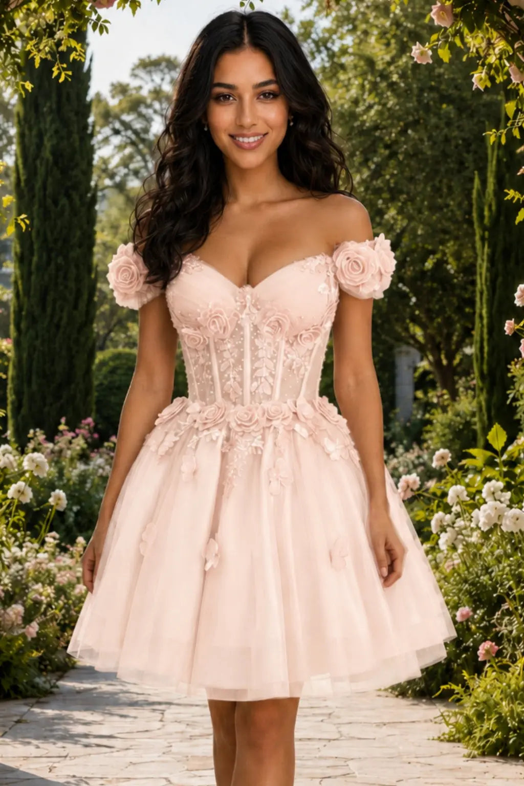 A-line Off-the-Shoulder Tulle Short/Mini Homecoming Dress with Appliqued Flowers Sequins KAIDRESS