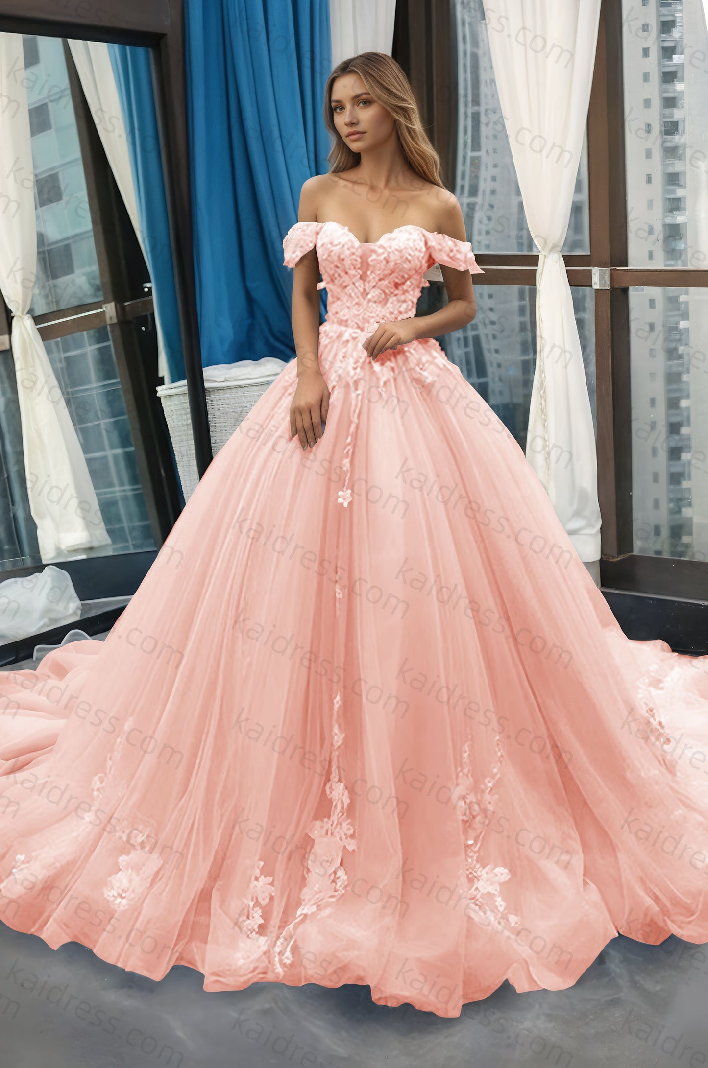 A-Line Off the Shoulder Tulle Applique Long Quinceañera Dresses Blue Formal Prom Dress