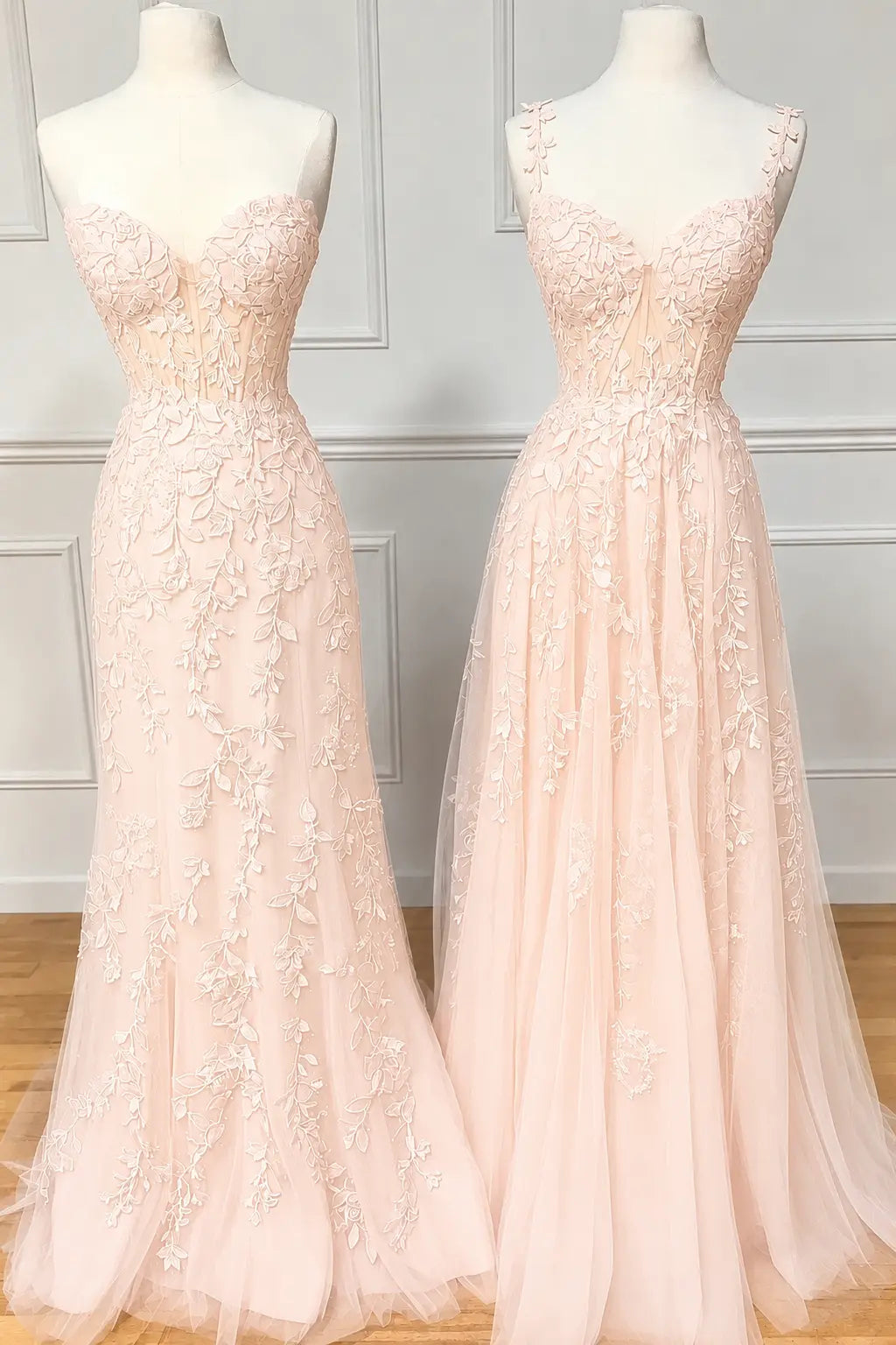 A-line Sweetheart Spaghetti Straps Sweep Train Lace Prom Dress With Beading Kaidress