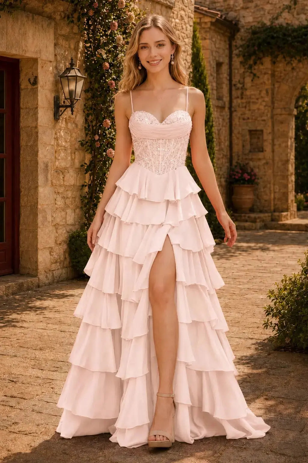 Spaghetti Straps Sweetheart Embellished Corset Chiffon Slit Ruffle Prom Dress with Detachable Straps