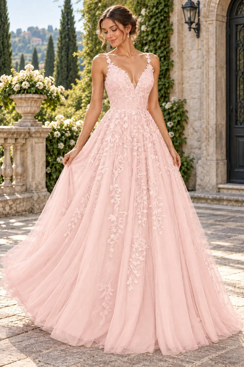A-Line Lace Prom Dresses Long V Neck Sleeveless Formal Maxi Dress