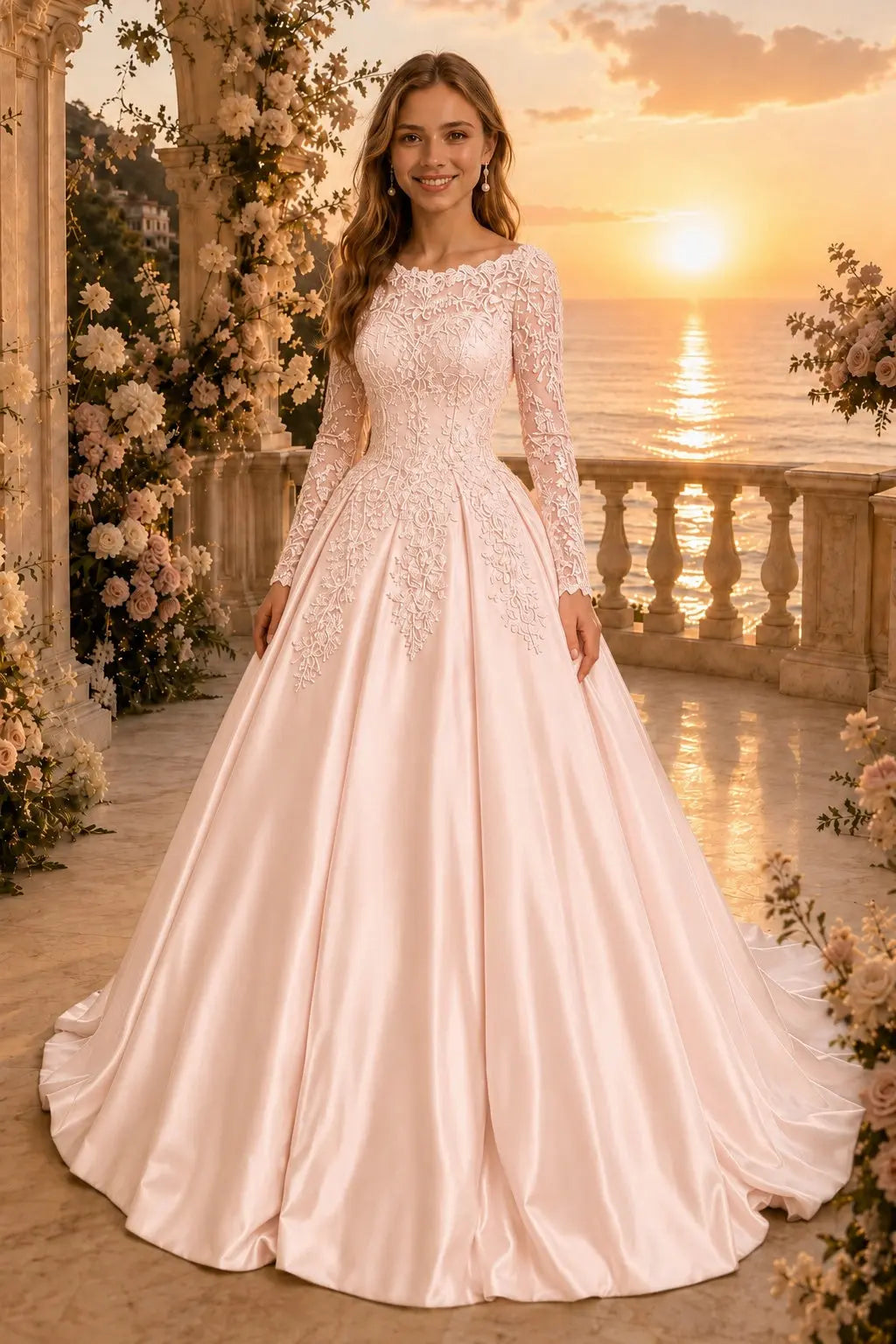 Ball Gown Long Sleeves Off-the-Shoulder Chapel Train Applique Satin Prom Dresses Kaidress