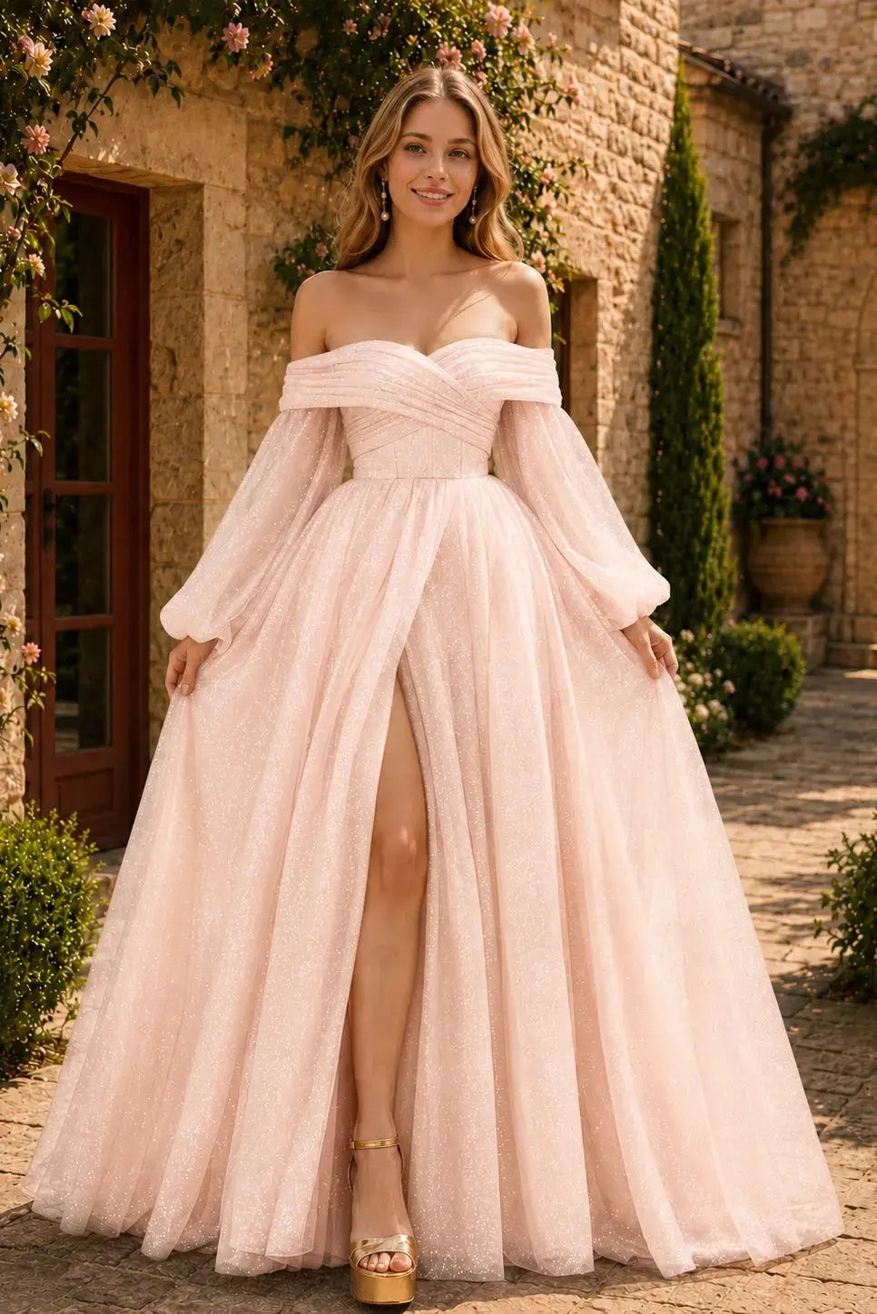 A-Line/Princess Tulle Ruched Long  Off-the-Shoulder Long Sleeves Prom Dresses Detachable Sleeves KAIDRESS