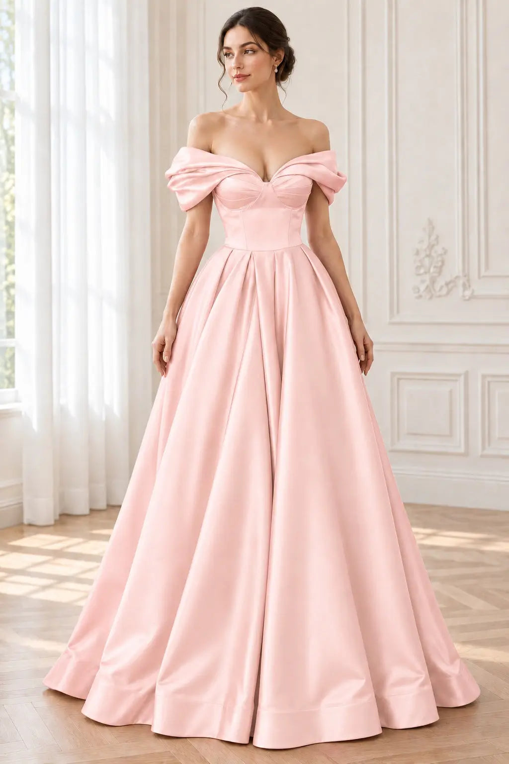 A-line Off-the-Shoulder Short Sleeve Satin Long/Floor-Length Prom Dresses With Ruffles Split