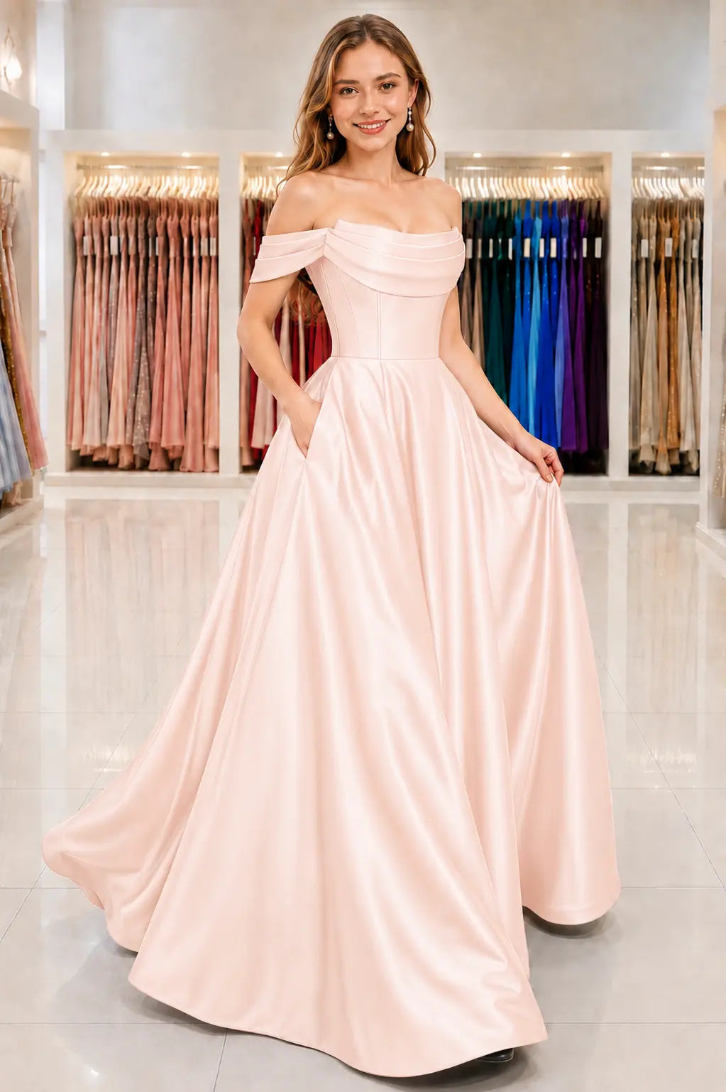 A-Line Satin Long Prom Dress, Simple Off the Shoulder Evening Party Dress With Pockets KAIDRESS