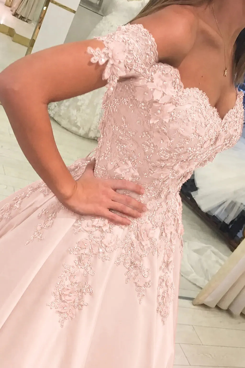 Appliqued Off-The-Shoulder Satin Princess Prom Dress With Beads