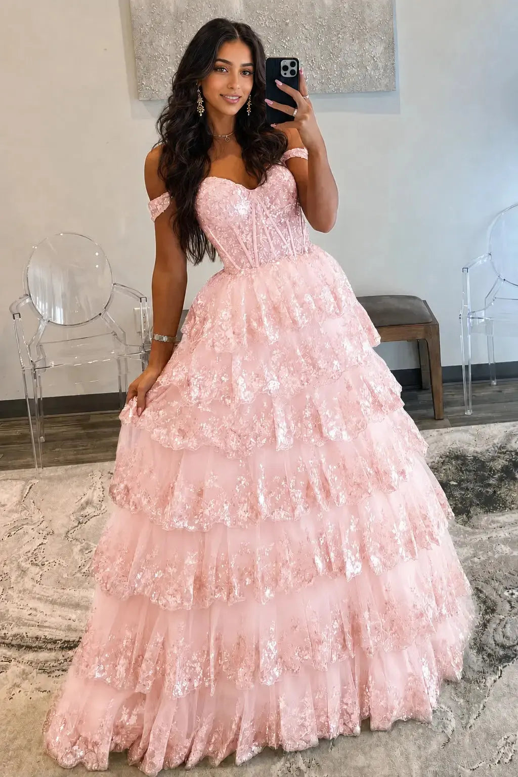A-Line/Princess Princess Off the Shoulder Sequined Lace Prom Dress KAIDRESS