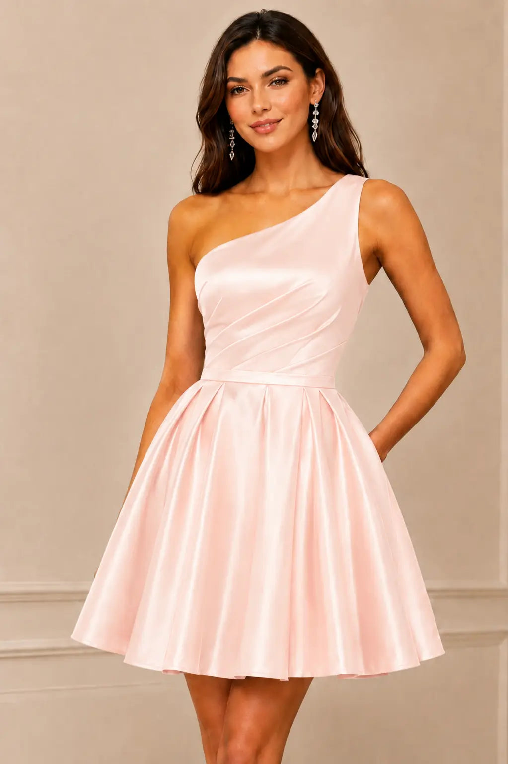 Green One Shoulder Satin Mini A Line Homecoming Dress With Pockets KAIDRESS