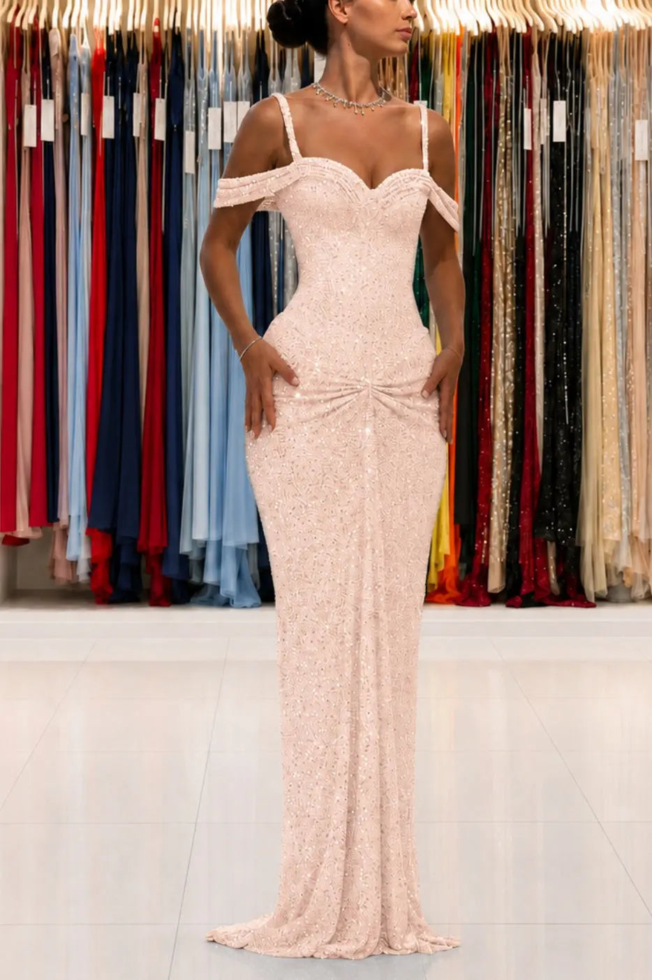 Luxury Sparkly Lace Off-Shoulder Long Beaded Prom Gown with Slender Straps KAIDRESS