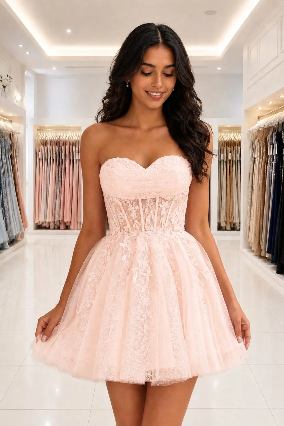 Strapless Beaded Lace Corset A-Line Mini Homecoming Dress KAIDRESS