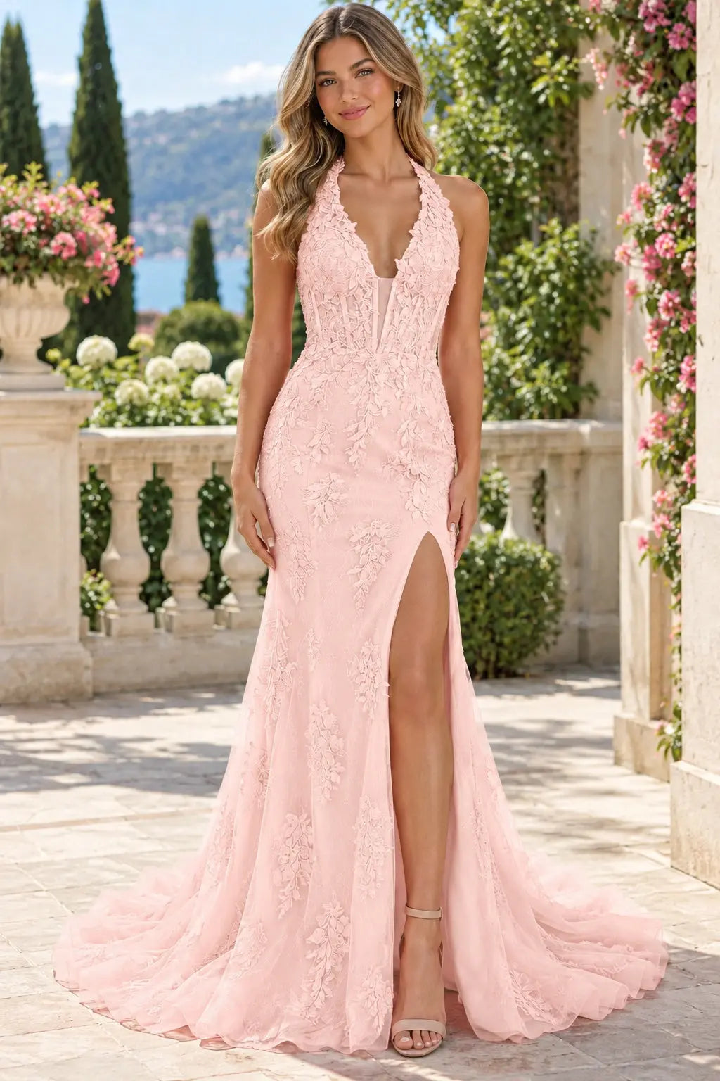 Trumpet/Mermaid V-Neck Tulle Lace Sleeveless Long Prom Dress