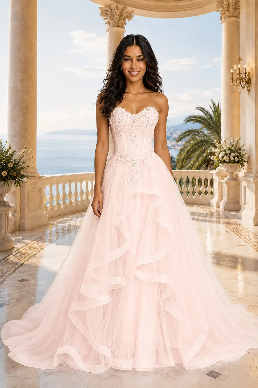 A-line/Princess Sweetheart Sleeveless Sweep Train Tulle Prom Dresses With Beading Appliqued KAIDRESS