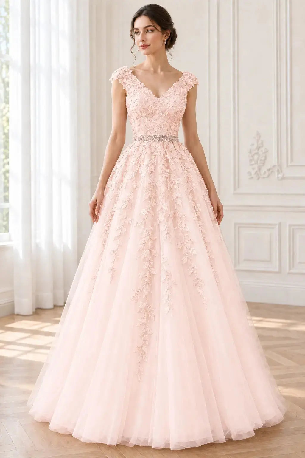 A-Line/Princess V-Neck Sleeveless Floor-Length Applique Tulle Prom Dresses KAIDRESS