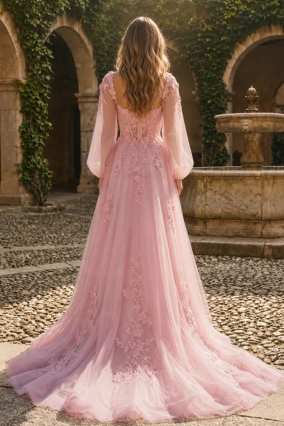 A-line 3D Floral Lace Applique Tulle Long Sleeves Prom Dress
