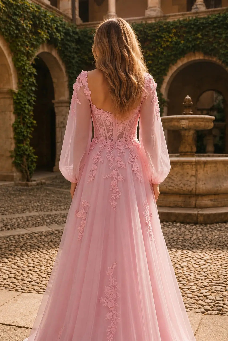 A-line 3D Floral Lace Applique Tulle Long Sleeves Prom Dress