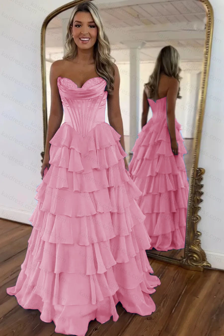 A Line Blue Sweetheart Chiffon Ruffled Long Corset Prom Dress with Slit