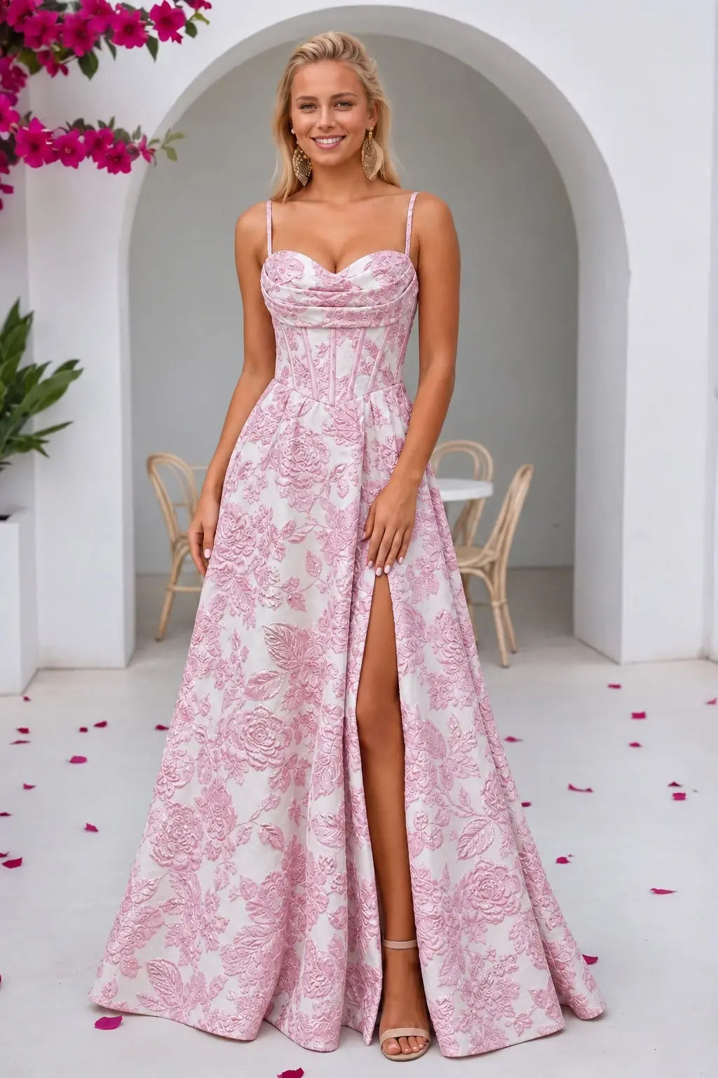 Pink Floral Jacquard A-Line Prom Dress with Lace-Up Back and High Slit