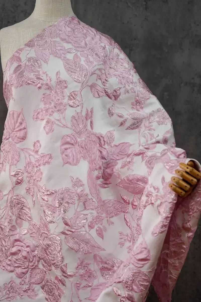 Pink Floral Jacquard A-Line Prom Dress with Lace-Up Back and High Slit
