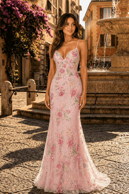 Pink Lace Floral Sequin Mermaid Prom Dress Lace-Up Evening Gown