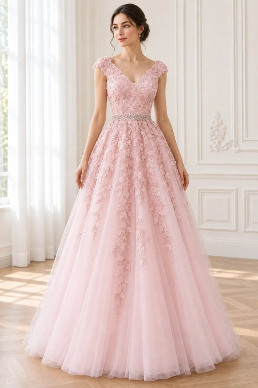 Pink V-Neck Tulle Lace A-Line Prom Dress with Beaded Waist & Appliques
