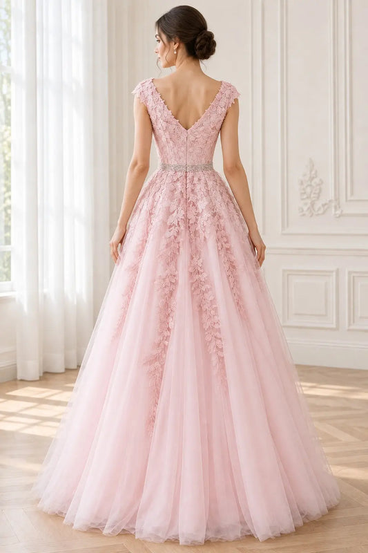 Pink V-Neck Tulle Lace A-Line Prom Dress with Beaded Waist & Appliques
