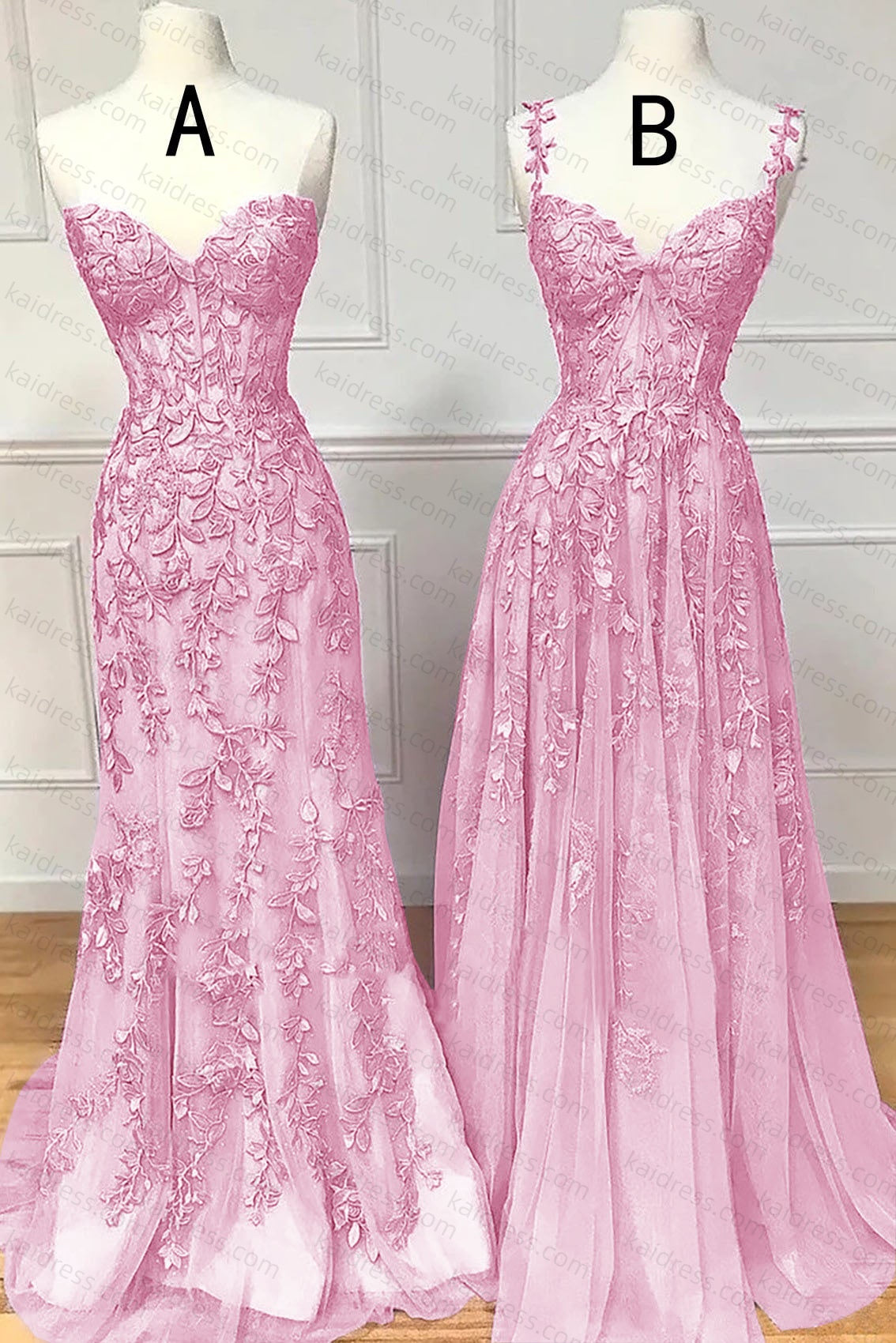 A-line Sweetheart Spaghetti Straps Sweep Train Lace Prom Dress With Beading
