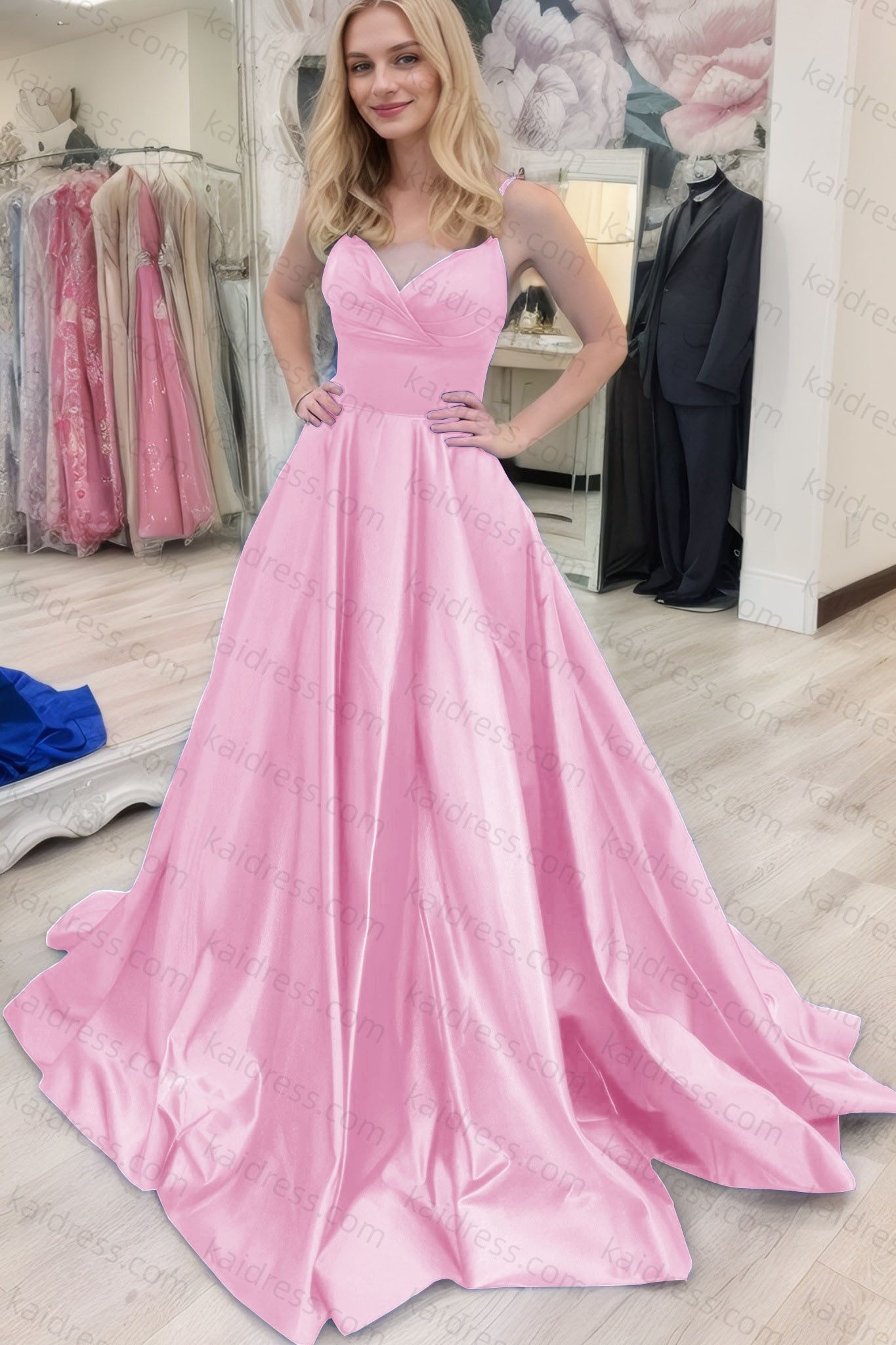 A-line V Neck Sleeveless Court Train Satin Prom Dresses With Bowknot Pleated Waistband