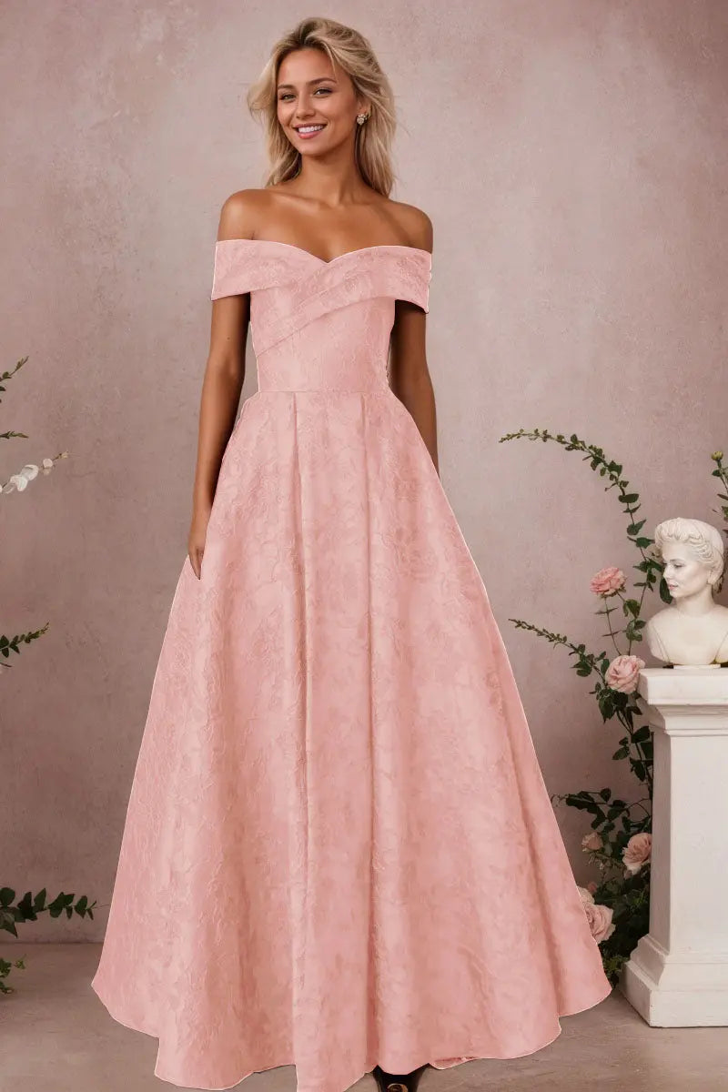 A-Line Off Shoulder Satin Burgundy Long Prom Dress Floral Jacquard Formal Ball Gowns - KAIDRESS