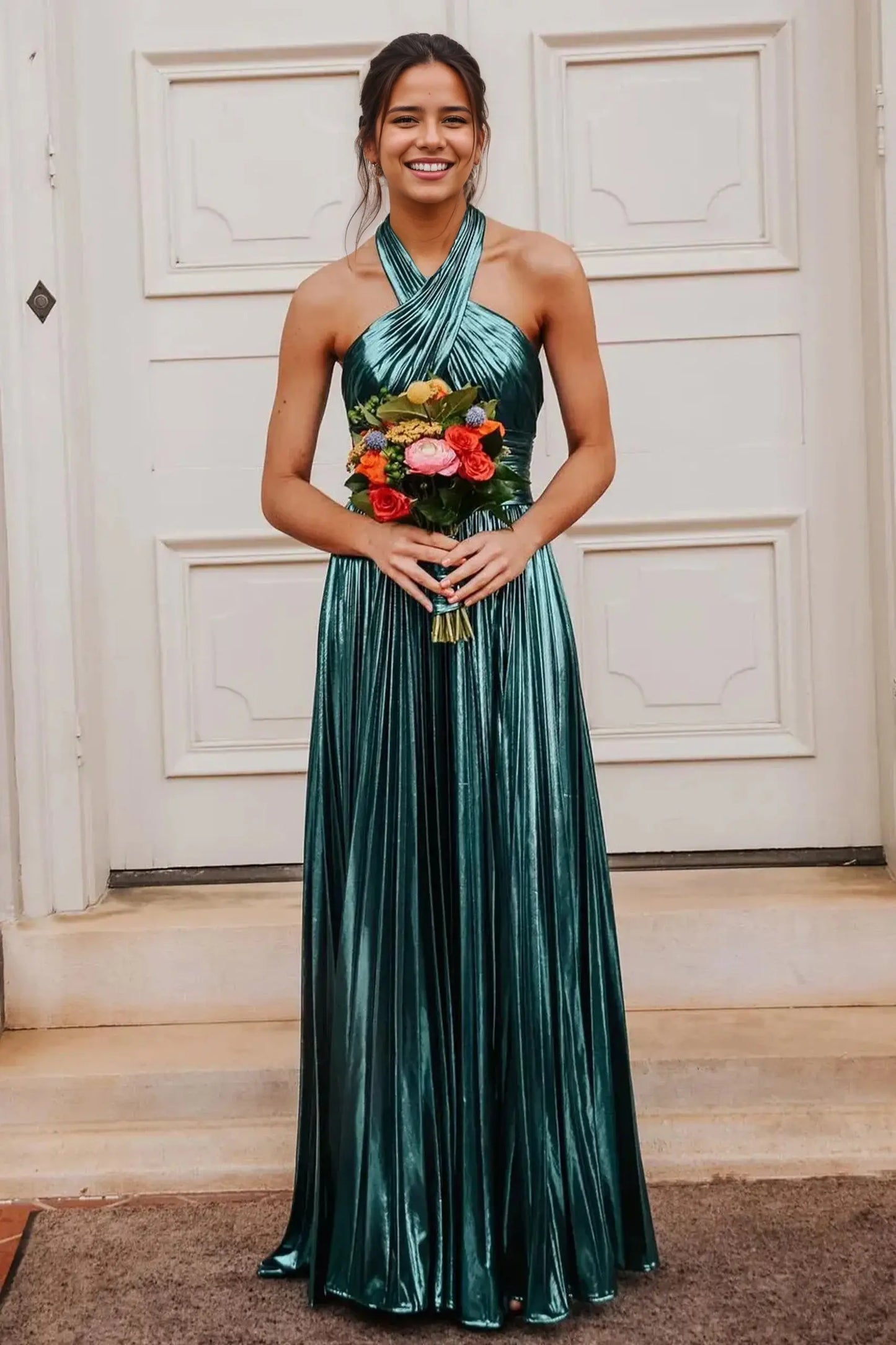 Pleats Green Formal Prom Dresses Long Halter Princess Evening Gowns